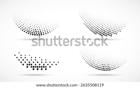 Set of Halftone Circle Dots Curve Gradient Pattern Backgrounds. Curve Dotted Design Elements Halftone Square Dots Texture. Vector  Half Tone Logo Collection. 