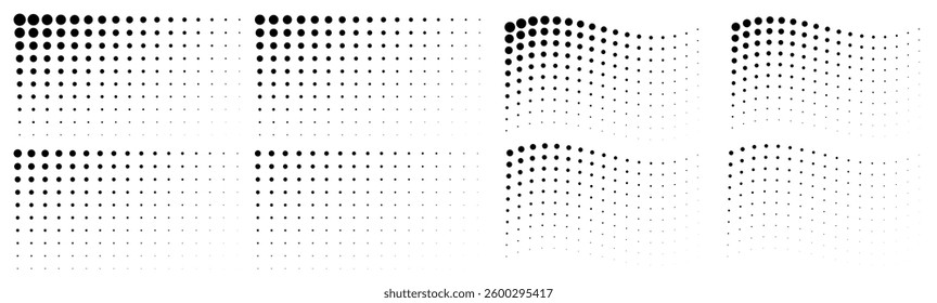 Set of halftone circle dots gradient pattern textures on white background. Corner half tone dots backgrounds. Horizontal templates using halftone dots pattern. Vector illustration