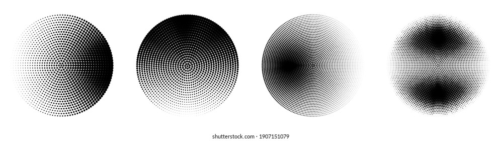 Conjunto de círculos de medio tono. Resumen de fondo. Textura de puntos negros. Fondo de degradado monocromo. Ilustración vectorial.