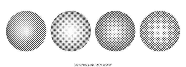 Set of halftone circles in black and white. Abstract dotted fading circle set. Monochrome circles with concentric dot pattern. Great for comics, web design, branding elements