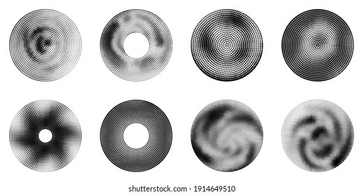 Conjunto de círculos de medio tono con diferentes texturas. Resumen de fondo. Textura de puntos negros. Fondo de degradado monocromo. Ilustración vectorial.
