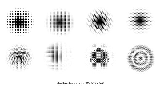 Set of halftone circles. Halftone dots circle gradient. Pop art style. Collection of elements for design. Vector illustration.