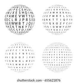 Set of Halftone circles isolated consisting from letters.Collection of halftone effect dot patterns.Sphere illustration.Abstract business symbol.Circular vector logo for your design.Black icon.