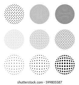 Set Of Halftone Circles Isolated On The White Background.Collection Of Halftone Effect Dot Patterns.Sphere Illustration.Abstract Business Symbol.Circular Vector Logo.Isolated Black Icon.