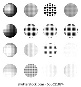 Set of Halftone circles isolated on white background.Collection of halftone effect dot patterns.Sphere illustration.Abstract business symbol.Circular vector logo for your design.Isolated black icon.