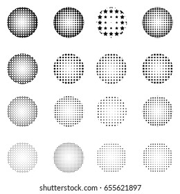 Set of Halftone circles isolated on white background.Collection of halftone effect dot patterns.Sphere illustration.Abstract business symbol.Circular vector logo for your design.Isolated black icon.