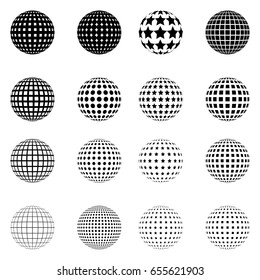 Set of Halftone circles isolated on white background.Collection of halftone effect dot patterns.Sphere illustration.Abstract business symbol.Circular vector logo for your design.Isolated black icon.
