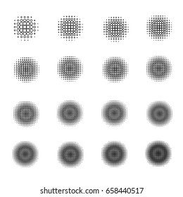 Set of Halftone circles isolated on 
white background.Collection of halftone 
effect dot patterns.Vector illustration.