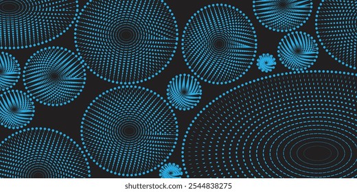 Set of halftone circular blue dot frames. Circle dots texture isolated on black background. Spotted spray texture. Spiral circle vector abstract design element

