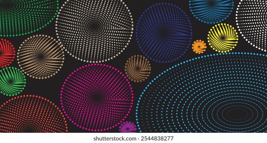 Conjunto de marcos de puntos circulares de colores de medio tono. Textura de puntos de círculo aislados sobre fondo negro. Textura en spray manchada. Elemento de diseño abstracto de Vector circular espiral

