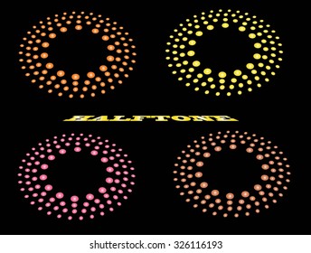 Set halftone circular colorful radial dots abstract logo design vector illustration on a black background