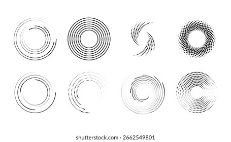 Set of halftone circular dots. halftone dots in spiral. speed lines in circle. round border using halftone circle dots texture