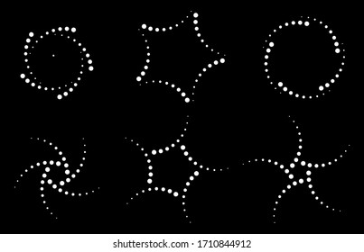 Set of halftone circular dotted frames. White circle dots icons on the black background. Logo design element for treatment, cosmetic, technology. Emblems using halftone circle dots texture. Vector.
