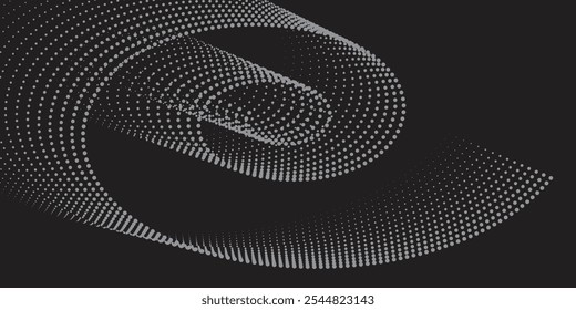 Conjunto de quadros pontilhados circulares de meio-tom. Textura de pontos de círculo isolada no plano de fundo preto. Textura de pulverização manchada. Elemento de design abstrato do vetor de círculo espiral

