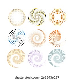 "Set of halftone circular dotted frames and rotating dot shapes. Abstract round vector elements with geometric halftone effect—ideal for logos, backgrounds, and modern design."