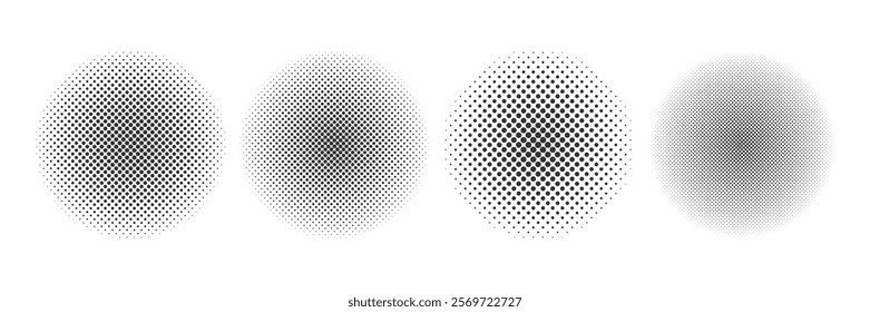 Set of halftone circular patterns in black and white. Abstract half tone circle set. Monochrome circles with concentric dot pattern. Great for comics, web design, branding elements