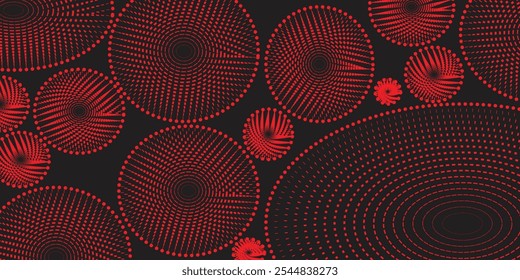Set of halftone circular red dot frames. Circle dots texture isolated on black background. Spotted spray texture. Spiral circle vector abstract design element

