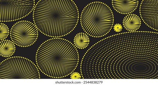 Set of halftone circular yellow dot frames. Circle dots texture isolated on black background. Spotted spray texture. Spiral circle vector abstract design element

