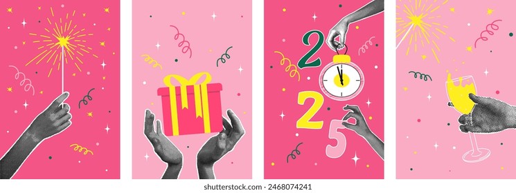 Set. Half-tone collage. 2025 Concept of holiday, fun. Human hand holding Christmas tree toy with dial, sparklers, gift, wine glass. Vector illustration for greeting card, invitation, web banner