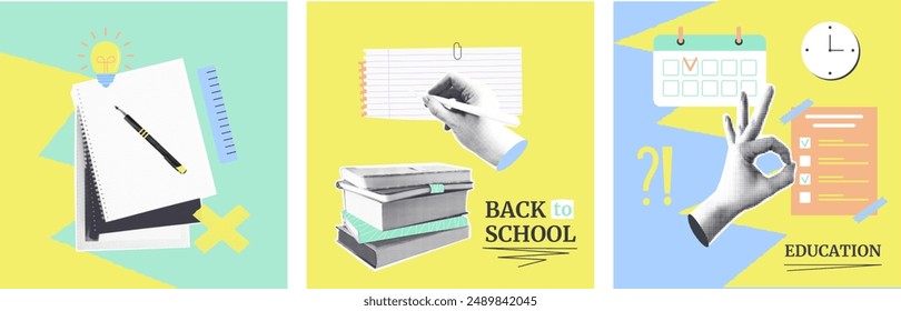 Set of halftone collage card back to school concept. Hands, notebook, schedule, paper sheets. Education, study, learning, square banners. Trendy vintage magazine mixed media style. Vector illustration