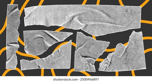 Set of halftone collage elements isolated on white background. Torn pieces of paper with jagged edges. Cut and ripped sheets, yellow doodle lines.