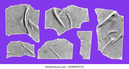 Set of halftone collage elements isolated on purple background. Torn pieces of paper tape with jagged edges. Cut and ripped sheets, vector illustration.
