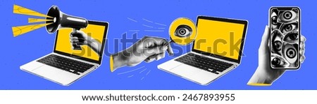 A set of halftone collage elements. Laptop with loudspeaker, hand with loupe, hand holding a phone with many eyes on the screen.