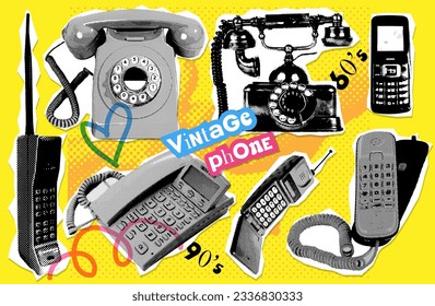 Set von Halftone Collage Elemente mit Handys mit Handgerät. TelePhone Evolution. Vektorgepunktete strukturierte Illustration. Retro gerissene Aufkleber mit ausgeschnittenen Papierelementen.