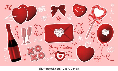 Set of halftone collage elements for Valentine's day. Vector illustration with halftone elements and hand drawn doodles. Cut out stickers for decoration Valentine's day poster, banner, social media.