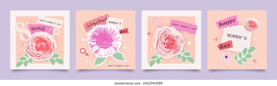 Set of halftone collage greeting cards for International Women's day. Trendy modern templates with retro halftone sticker flowers, leaf, paper torn, clipping notebook sheets. Y2k vector illustration.