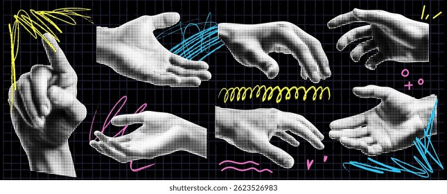 Set of halftone collage hands, gesture as a holding something. Doodle lines. Zine dada style. Pop art banner with grid bg. Trendy elements