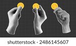 Set of halftone collage with hands holding gold coins, euro, dollar and bitcoin. Banner with concept of payment and financial planning, saving. Gestures on a dark checkered background.