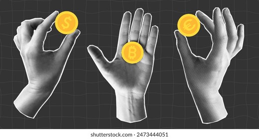 Set of halftone collage with hands holding gold coins, euro, dollar and bitcoin. Banner with concept of payment and financial planning, saving. Paper element on a dark checkered background.