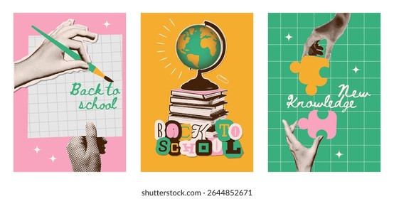 Set of halftone collage posters with hands. Drawing, developing, learning, designing concept. Back to school. Template for card, poster, banner, social media. Vector illustration