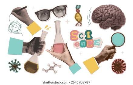 Set with halftone collage stickers with Science lab conception, retro paper cutouts. Collection with hands holding flask, loupe, writing report, making research, studying in laboratory. Vector