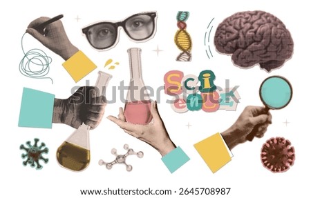 Set with halftone collage stickers with Science lab conception, retro paper cutouts. Collection with hands holding flask, loupe, writing report, making research, studying in laboratory. Vector
