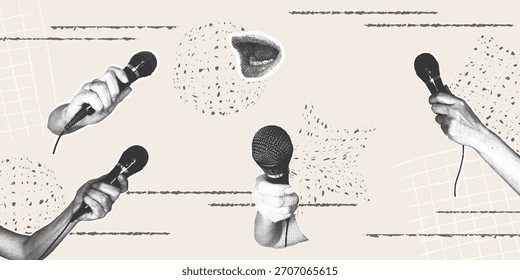 A set of halftone collages featuring hands holding a microphone. A trendy halftone collage with a grainy photocopy effect for flyers, banners, and social media.