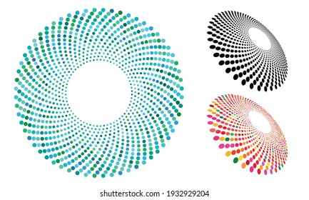 Set of halftone color dots in circle form. Difference perspective and colors.