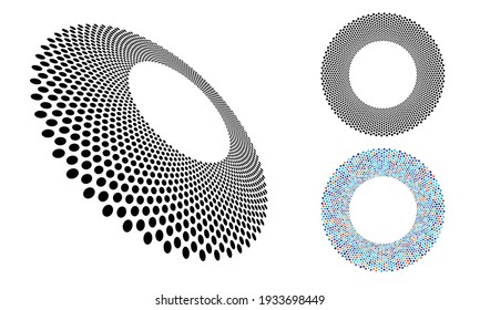 Set of halftone color dots in circle form. Different perspective and colors.