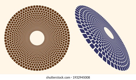 Conjunto de cuadrados de color de medio tono en forma de círculo. Perspectiva de diferencia y colores.