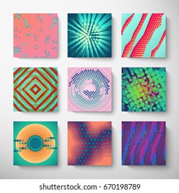Set of halftone covers. Combined cutout circles, dots, squares, lines. Eps10 vector.