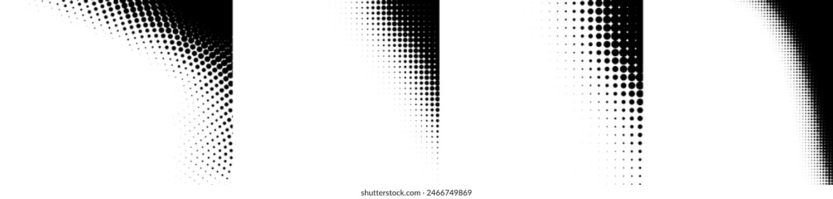 Set of halftone curve corners. Dot backgrounds. Half tone textures. Gradient dots patterns. Vector illustration