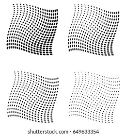 Set of Halftone curved squares isolated on the white background.
Collection of halftone effect transformed dot patterns.
Isolated backdrop illustration.