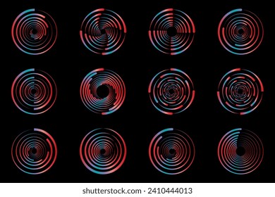 Set halftone dashed speed lines. Design element for frame, logo, tattoo, web pages, prints, posters, template. Velocity lines in the shape of a circle. Geometric art. Abstract vector background.