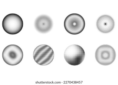 Set of halftone design element, circular halftone dot pattern. Specks, vector circle gradient. Modern circle design in polygraphic style. Printing pattern