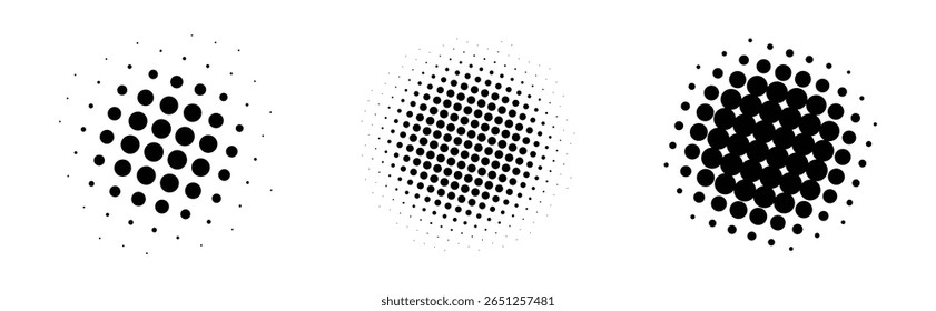 Set of halftone design spots and dots in magazine-style circles. Retro abstract vector elements perfect for print textures, graphic overlays and modern layouts. Trendy collection