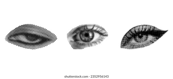 Set of halftone diferent female eyes. Dots texture. Contemporary style. Vector illustration