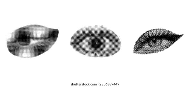 Set of halftone diferent female eyes. Dots texture. Contemporary style. Vector illustration