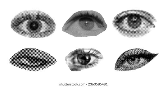 Set of halftone diferent female eyes. Dots texture. Contemporary style. Vector illustration