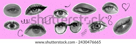 Set of halftone different female eyes on pink background. Dots texture. Contemporary style. Vector illustration